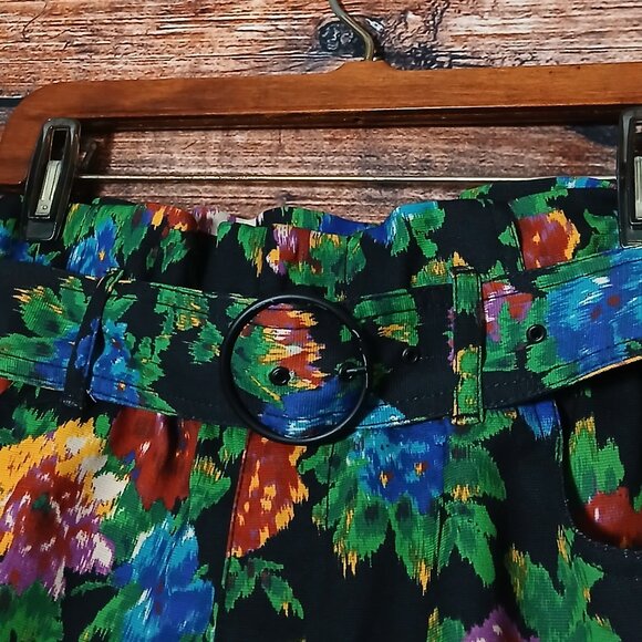 Zara Shorts Size S Paperbag Waist Belted High Rise Cuffed Black Floral Stretch - Picture 4 of 8
